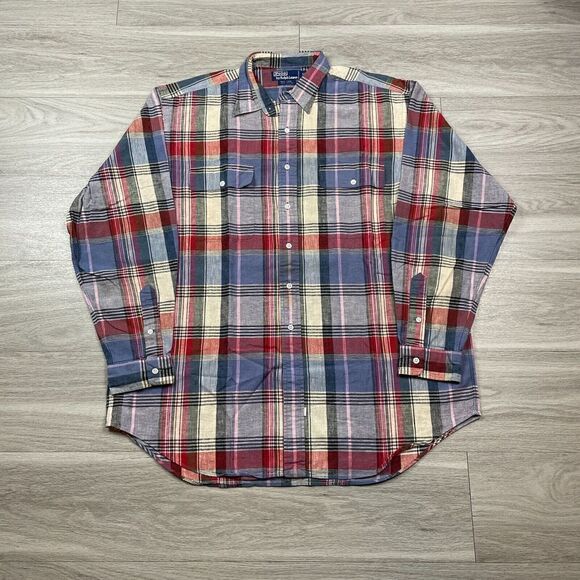 Polo Ralph Lauren Shirt Mens Extra Large Blue Red Linen Cotton Plaid Pockets - Picture 1 of 9